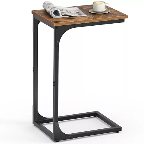VASAGLE Mesa Auxiliar, Mesa de Sofá en Forma de C, Bandeja de TV, Estilo Industrial con Marco de Metal, para Sala de Estar, Dormitorio, Marrón Rústico y Negro LET350B01