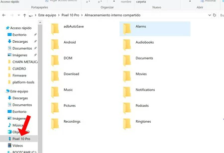 Acceso al almacenamiento de un Pixel 10 desde Windows