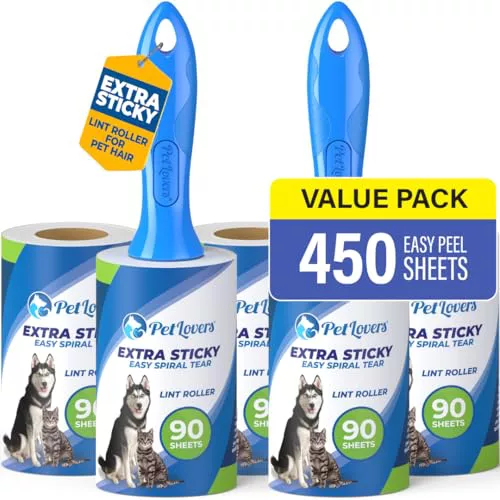 PetLovers Rollo Extra de Pelusa Adhesiva Conjunto de megavalor 450 Hojas para depilación de Mascotas removedor de Pelusa para Perros y Gatos Paquete de 5