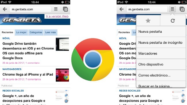 Vista normal de Chrome y el menú de opciones