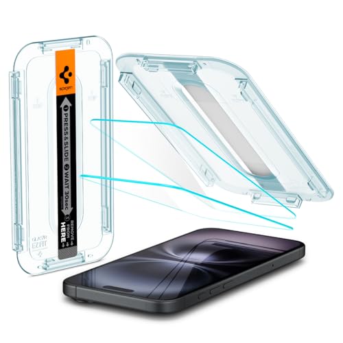 Spigen Glas.tR EZ Fit Screen Protector for iPhone 16, iPhone 15, 2 Units, Easy Installation, High Definition, 9H Hardness