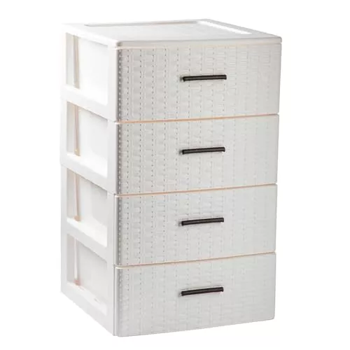 Tradineur - Cajonera de ordenación Rin Rattan de plástico - 4 cajones - Torre de almacenaje multiusos, organizador auxiliar, almacenamiento, baño - 61,5 x 36,5 x 36,5 cm - Color Blanco Roto