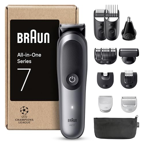 Braun Recortadora Todo En Uno Series 7 AIO7545, Kit De Styling 12en1 Para Barba, Pelo, Orejas, Nariz y Cuerpo, 14 Longitudes, 120 Min De Autonomía, Gris, El embalaje puede variar