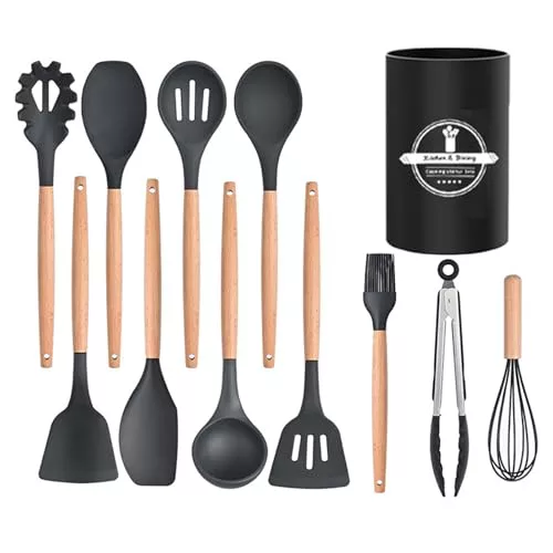 TTSTOlEE ustensiles de cuisine, utensilios de cocina de silicona 11elementos, manijas de madera, negro