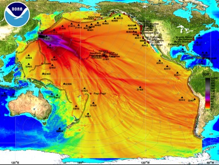 Dispersión del tsunami por el Pacífico