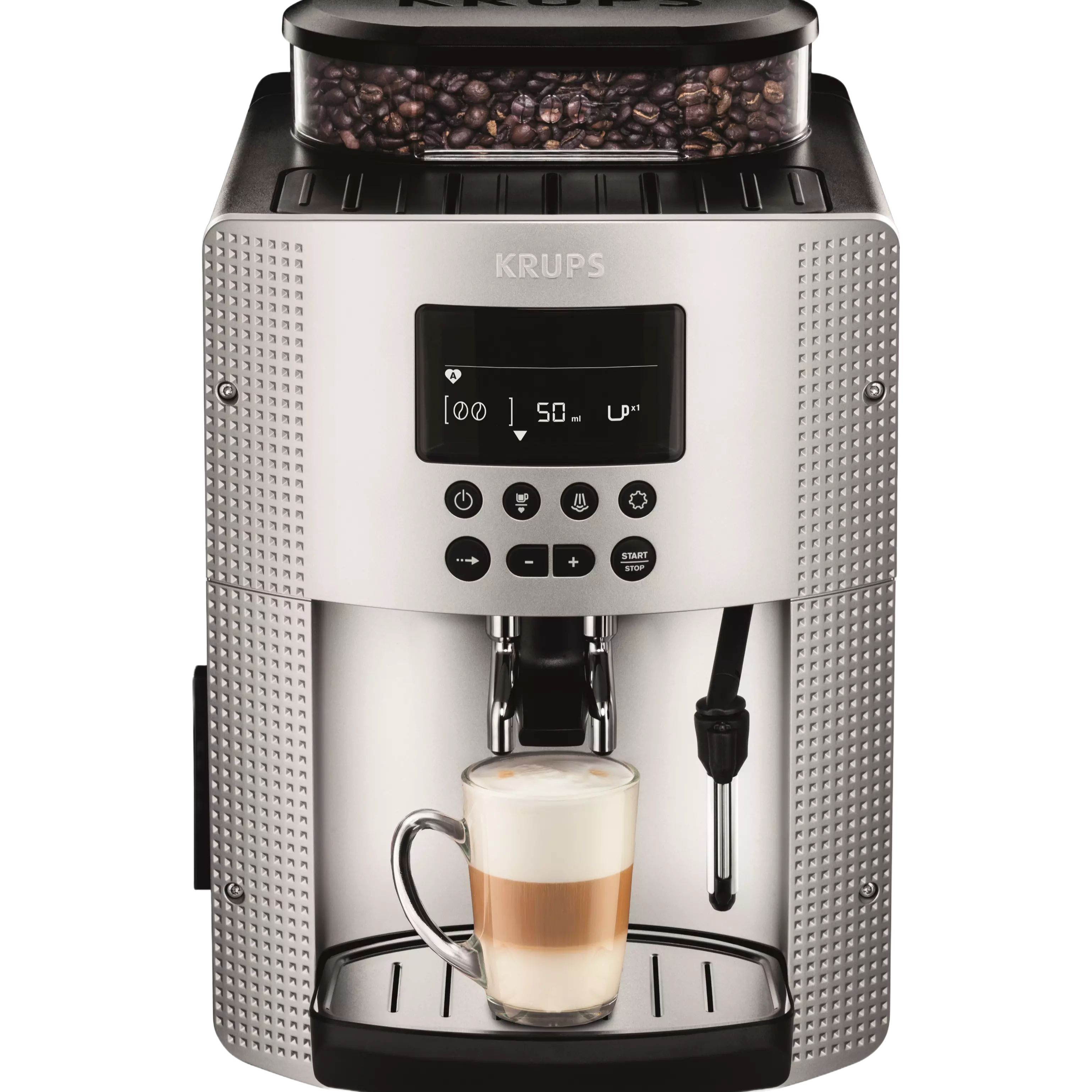 Cafetera superautomática - Krups Essential EA815E70, 1450 W, 15 bar, 1.7 L, 3 temp., Sistema Thermoblock, Molinillo integrado, 2 tazas, Plateado
