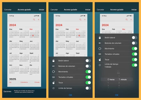 Capturas de pantalla de la opción de Acceso guiado en iOS