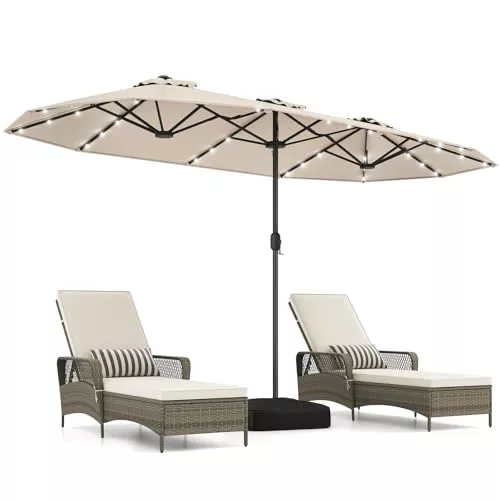 COSTWAY Sombrilla Terraza Exterior Doble 400 x 200 cm, Parasol Terraza Exterior con Luces LED y Base, Manivela, Sombriila para Patio Piscina Playa