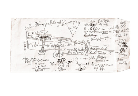 Sobre con el boceto original del motor W16.