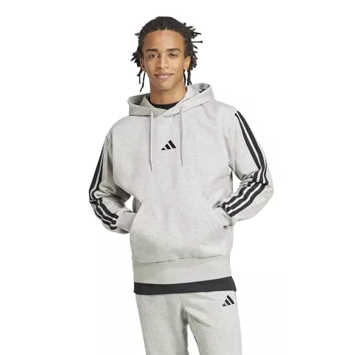 adidas Uomo Essential Three Stripes Fleece Hoodie, Medium Grey Heather/Black, XL