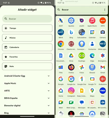 ウィジェット(左)とアプリドロワー(右)を追加する設定
