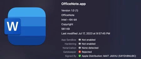 SentinelOne セキュリティ Web サイトに示されている「OfficeNote」アプリケーション。