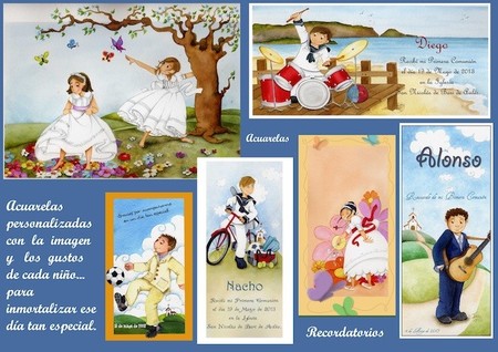 Recordatorios para la Primera Comunión personalizados y pintados en acuarela