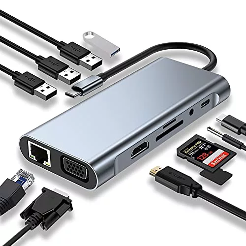 USB C HUB, estación de Carga, Adaptador USB C 11 en 1 con 4 K HDMI, VGA, Puertos USB 3.0, PD, Gigabit Ethernet RJ45, Tarjetas SD/TF, Compatible con Dispositivos MacBook Pro/Air, More Type C…