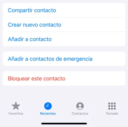 Captura de pantalla mostrando la sección desde la que podemos bloquear un contacto en iOS