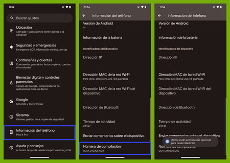 Capturas de pantalla en las que se muestran los pasos a seguir para habilitar las opciones para desarrolladores en Android