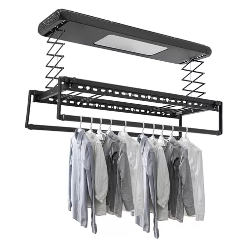 LENDISIY Tendedero eléctrico de techo elevable con mando a distancia + iluminación LED, barra para ropa ajustable de 130-215 cm, alcance del mando 20 m (negro)