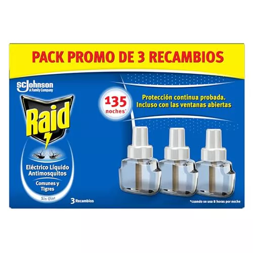 Raid ® Eléctrico Líquido 135 Noches - Recambios Anti Mosquitos comunes y Tigre - 3 recambios de 45 Noches, El embalaje puede variar