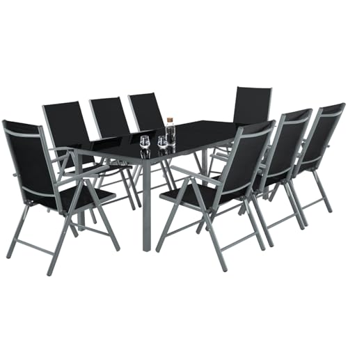 tectake® Conjunto Muebles Jardín Exterior 9 Piezas, Estructura de Aluminio, Mesa y Sillas Terraza Impermeables, Resistentes a Intemperie, Sillas Plegables y Reclinables, Tela Transpirable - Antracita