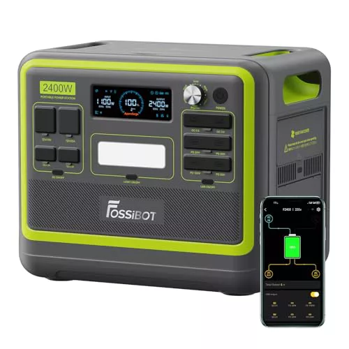 FOSSiBOT F2400 Estacion de Energia Portatil, Batería LiFePO4 2048 Wh, 3 Tomas de CA Para un Total de 2400W de Potencia (4800W de Pico), Generador Solar Portatil para Camping, Viajes