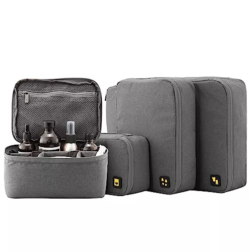 LEVEL8 Organizador de Equipaje, 4 en 1 Set de Impermeable Bolsas Organizador de Maleta Packing Cubes Accesorios Viaje Set para Ropa, Cosméticos, Zapatos, Ropa Interior (Gris)