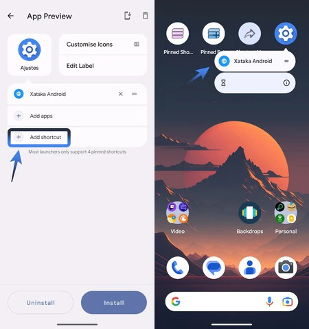左側には、アイコンを作成する前の最後のステップが表示されます。右側には、Web サイトに移動するための非表示メニューを使用して作成したアイコンがあります。