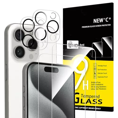 NEW'C 4 Pack, 2 x Protector Pantalla para iPhone 15 Pro (6,1") y 2 x Protector Pantalla Protector de Lente de Cámara - Cristal Templado - Libre de Burbujas - Ultra Resistente - Cristal Dureza 9H