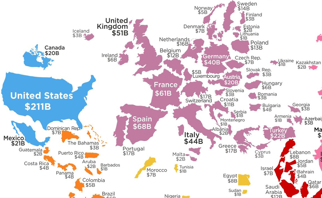 El tamaño de todos los países del mundo, ajustado en función de su volumen turístico