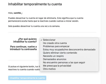 Instagramアカウントを一時的に無効にする場合のオプション