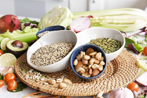 Closeup Bowl Chia Seeds Other Healthy Foods Kitchen Table