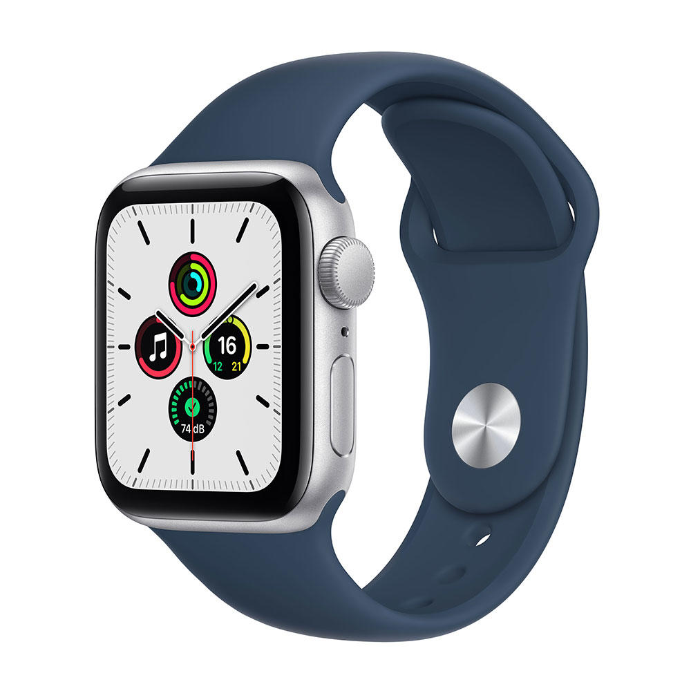 Apple Watch SE 40mm with GPS connection, silver aluminum case and abyss sport band.