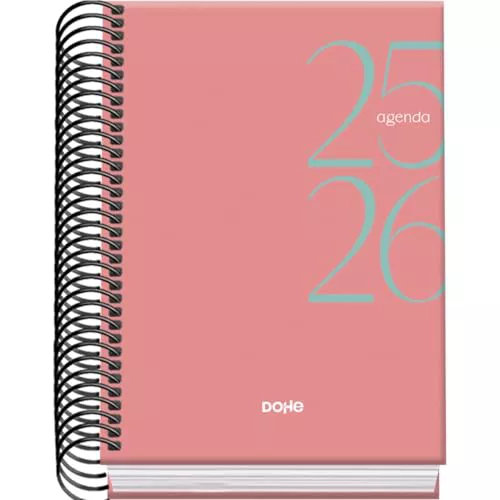 Dohe - Agenda Escolar 2025 2026 - Día Página, Tamaño A6 (12x17 cm), Español e Inglés, Septiembre a Junio, Cierre de Espiral, Tapa Dura - SYSTEM Rosa