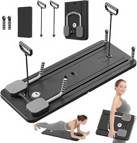 JINPALAY Tabla de Pilates Multifuncional con Bandas de Resistencia, Timer Digital y Accesorios – Plataforma Reformer Plegable para Entrenamiento en Casa – Soporta 200 kg (Negro)
