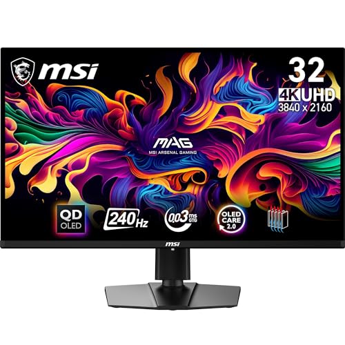 MSI mag 321UPX QD-OLED Monitor Gaming, 31,5" 4K UHD, 3840 x 2160 Quantum Dot OLED Panel, 240Hz / 0.03ms, 99% DCI-P3, ΔE≤2, DisplayHDR True Black 400, DP 1.4a, HDMI 2.1, USB Type-C
