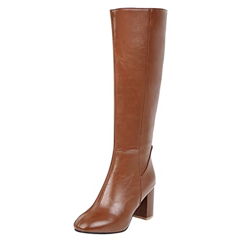 Botas de piel para mujer, botas altas de tacón alto por encima de la rodilla, botas de equitación, botas de invierno para mujer, marrón, 38 EU