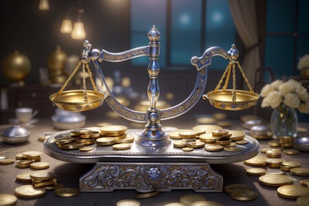 Balanza con monedas de oro y plata.