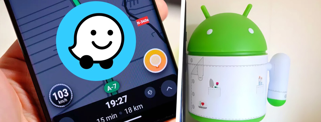 The image is divided into two parts. On the left, a close-up of a hand holding a smartphone displays a navigation app showing a map with a road labeled 