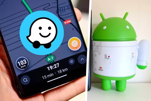 The image is divided into two sections. On the left, a close-up of a hand holding a smartphone shows a navigation app on the screen, displaying a route on a map, current speed at 103 km/h, estimated arrival time of 19:27, and distance remaining of 18 km with 15 minutes travel time. A large Waze app logo, featuring a white cartoon car with a smiling face inside a blue circle, is prominently overlaid on the screen. On the right side, there is a green Android mascot figurine with white accents standing upright against a plain background. The mascot has two antennae on its head and simple, rounded limbs.