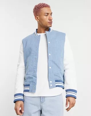 Chaqueta universitaria azul y blanca de denim de ASOS DESIGN