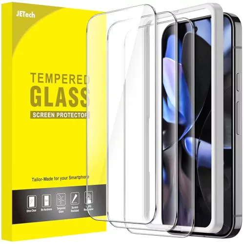 JETech Protector de Pantalla para Google Pixel 9 / Pixel 9 Pro, Cristal Vidrio Templado con Marco de Instalación Fácil, Compatible Huellas Dactilares, HD Clara, 3 Unidades