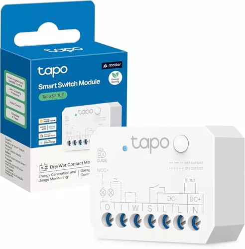 Tapo S110E - Módulo interruptor inteligente Wi-Fi + Bluetooth, contact seco/húmedo, monitor de energía, compatible con Matter, Alexa, Google Home y Apple Home