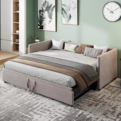 Poeahu Sofá Cama Extensible 90/180x200 cm, Camas de día Extensible con somier de láminas, Sofá Cama 2 Plazas, Sofa Camas Nido para Dormitorio y Sala de Estar, Tejido Aterciopelado, sin colchón
