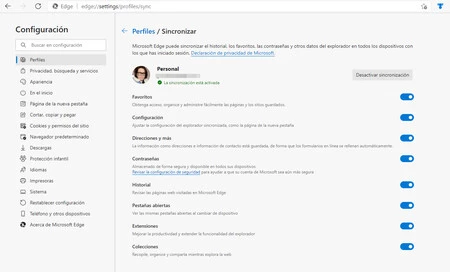 Sincronizacion Microsoft Edge