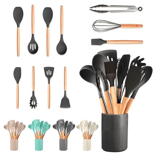 JUPPLIES JSet x12 utensilios de silicona para la cocina con mango de madera