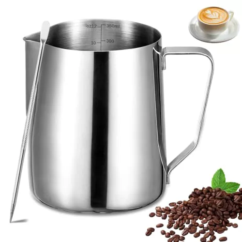 UMUACCAN Jarra Leche Barista, 350ml Jarra Para Espuma, Jarra Para Espuma Mano Acero Inoxidable con Lápiz Decorador Para Espresso, Espumador Leche, Café