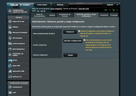 Captura de pantalla del panel de configuración de un router Asus