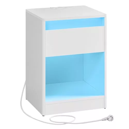 VASAGLE KAILYN Colección - Mesita de Noche con Regleta, Mesa Auxiliar con Luces LED Ajustables, Cajón, 2 Enchufes, 2 Puertos USB, Moderno, Dormitorio, Salón, Blanco Nube LET618T15