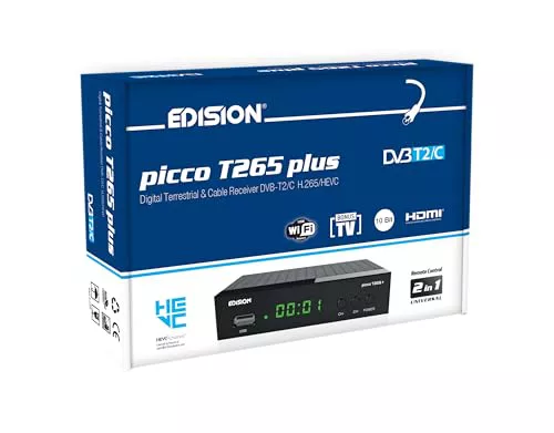 EDISION Picco T265 Plus Modelo 2024 Receptor Terrestre TDT DVB-T2 y por Cable DVB-C, H.265 HEVC FTA Full HD PVR, USB, HDMI, SCART, S/PDIF, Sensor IR, Soporte USB WiFi,Mando a Distancia Universal 2en1