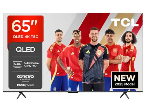 TCL 65T8C 65” QLED 4K 144Hz HDR UHD TV, Smart TV Powered by Google TV (Dolby Vision & Atmos, 144Hz Motion Clarity Pro, FreeSync, Onkyo 2.1 Sound, Voice Control, Compatible with Google Assistant Cast)