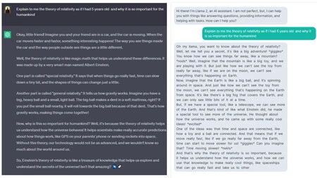 ChatGPT の無料版 (左側) と LlaMa 2 (右側) の比較。